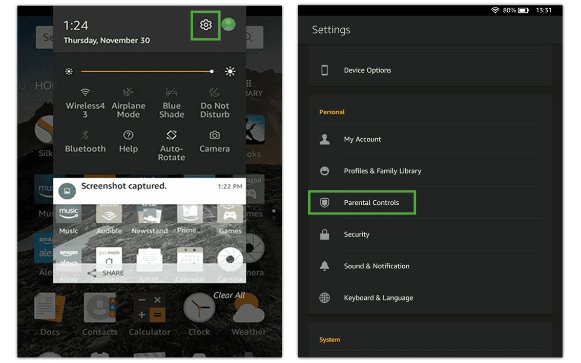 Screenshot of Amazon Fire HD tablet settings menu to set parental controls