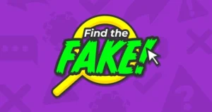 Find the Fake text over a magnifying glass on a purple background.