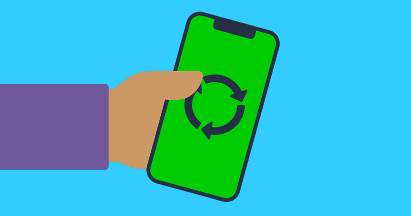 A hand holding a smartphone with recycling symbol.