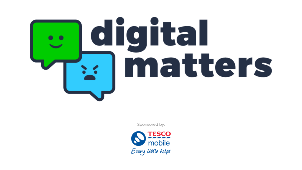 Logo van Digital Matters met 'Sponsored by' en het logo van Tesco Mobile eronder op een witte achtergrond.