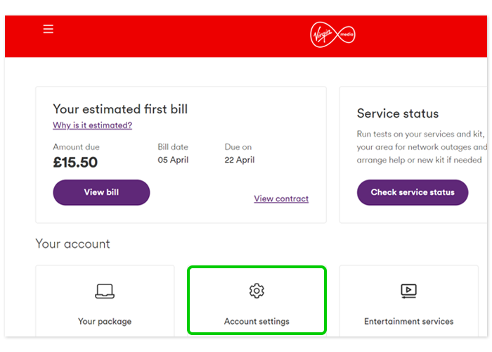 Screenshot of My Virgin Media dashboard with 'Account Settings' highlighted.