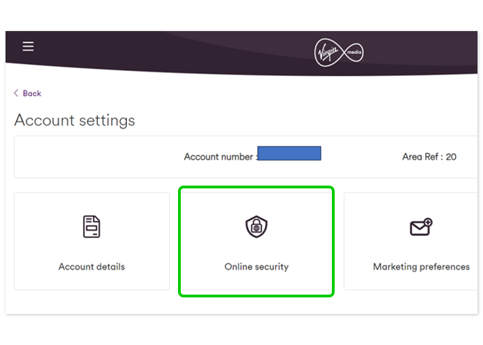 Screenshot of My Virgin Media Account settings with Online security highlighed.