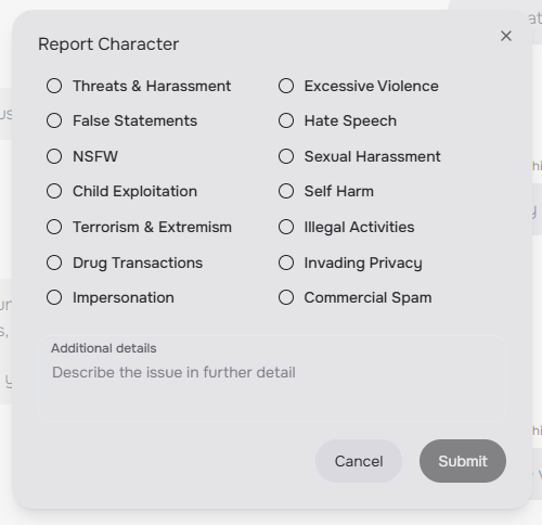 Screenshot of reporting options on Character AI