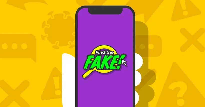 A hand holds a smartphone with the logo for the Find the Fake quiz