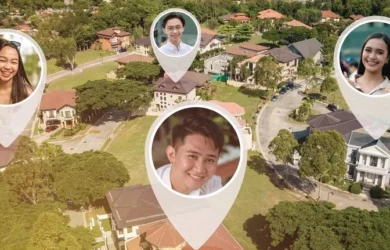 An aerial image of a neighbourhood with location icons over different houses and family members' faces in each icon.