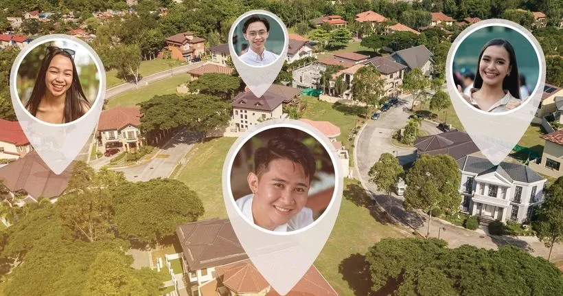 An aerial image of a neighbourhood with location icons over different houses and family members' faces in each icon.