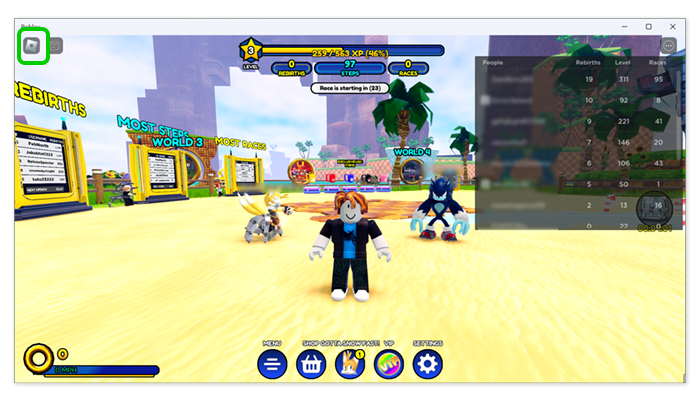 Screenshot of Roblox gameplay with Roblox icon highlighted.