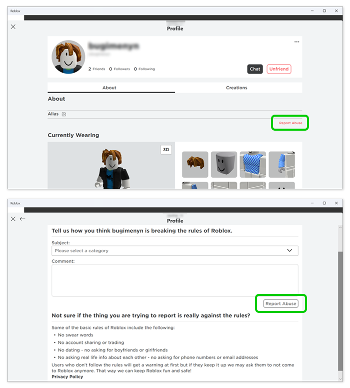 Screenshot of Roblox user profile with Report Abuse highlighted.