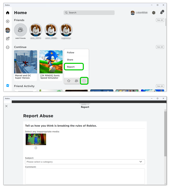 Screenshot showing how to report a game in Roblox.