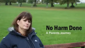 A woman sits on a park bench. Self-harm fact and advice. Text reads "No harm done, a parent's journey"