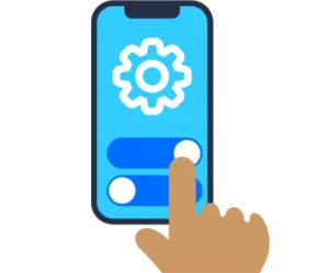 A hand changes a setting on a smartphone with a gear icon.